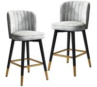 FXLUHAY Sgabelli da bar girevoli in velluto 2 pezzi con schienale for cucina di casa, bancone, reception, sgabello da bar, gambe nere, poggiapiedi dorato(Grey,65 cm)