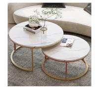 FXLUHAY Tavolino da caffè rotondo, set di 2 tavolini impilabili, tavolini da caffè dal design moderno for soggiorno, tavolo da cocktail circolare con struttura in metallo dorato(White Faux Marble)
