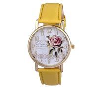 fxwtich Orologio classico da donna con motivo rosa, quadrante rotondo classico, cinturino in finta pelle, movimento al quarzo preciso, Giallo, Stile del quadrante