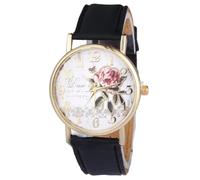 fxwtich Orologio classico da donna con motivo rosa, quadrante rotondo classico, cinturino in finta pelle, movimento al quarzo preciso, nero, Stile del quadrante