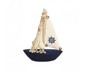 Fxzqgnh Barca a Legno, Barchetta Decorativa, Ornamento Barca Stile Nautico per Ufficio, Barca a Vela da 14 Cm con Timone Su Base Blu Scuro