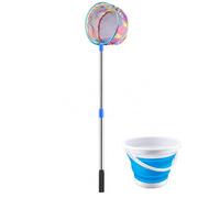 Fxzqgnh Rete da Pesca Telescopica e Estensibile per Bambini, per Attività all'Aperto e Cattura Insetti, Rete da pesca con asta in acciaio inossidabile blu stile principe + secchio pieghevole blu