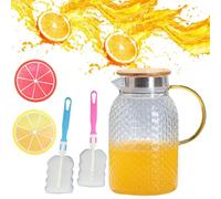 Fycooler Brocca d'acqua in vetro con coperchio, caraffa in vetro borosilicato da 1,8 l, per acqua calda/fredda, succhi di tè freddo, pimms e picnic, con 2 sottobicchieri in silicone e 2 pennelli
