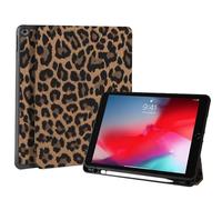 Fycyko Compatibile con iPad di 9a/8a/7a generazione 2021/2020/2019, custodia per iPad da 10,2 pollici con portapenne e copertura per punte, custodia protettiva con motivo leopardato carino, marrone