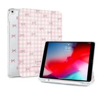 Fycyko Custodia con fiocco per iPad da 10,2 pollici, iPad 9a/8a/7a generazione 2021/2020/2019 estetica carino motivo fiocco rosa con portamatite, supporto a tre pieghe, copertura protettiva antiurto