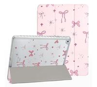 Fycyko Custodia con fiocco per iPad da 10,2 pollici, iPad 9a/8a/7a generazione 2021/2020/2019 estetica carino fiocco rosa con nastro con portamatite antiurto in morbido TPU custodia protettiva, nastro