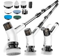FYDEE Spazzola Rotante per Pulizia Casa, Spazzola Elettrica con 7 Testine Intercambiabili e Manico Regolabile, Impermeabile IPX7, 2 Velocità e Ricarica USB, Ideale per Pavimenti, Bagno e Vasca