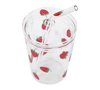 Fydun Tazza in Vetro Borosilicato Trasparente con Motivo a Fragola e Coperchio in Cannuccia - Ideale per caffè, Succhi e Acqua - Design Resistente Al Calore