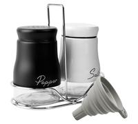 Fyfjur Set di spargisale e pepe con supporto e imbuto in silicone, acciaio inox e vetro per spezie