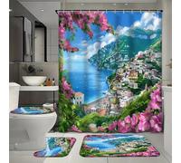 FYFMUSHE Set da bagno colorato da 4 pezzi con tenda da bagno e tappeti, moderna architettura costiera natura fiori vasca da bagno tenda doccia set con tappeto, tappetino da bagno, tappetino da