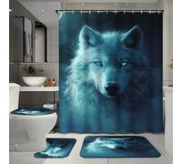 FYFMUSHE Set da bagno con 4 pezzi lupo dagli occhi blu con tenda da bagno e tappeti, acquerello vintage natura animale notte vasca da bagno doccia set con tappeto, tappetino da bagno, tappetino da