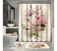FYFMUSHE Set da bagno con 4 rose vintage con tenda da bagno e tappeti, set di tende da doccia rustiche con fiori naturali rustici con tappeto, tappetino da bagno, tappetino da pavimento a forma di U