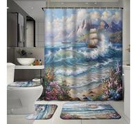 FYFMUSHE Set da bagno con barca nautica astratta da 4 pezzi con tenda da bagno e tappeti, set di tende da doccia con vasca da bagno e vista sull'oceano, tappetino da bagno, tappetino da pavimento a