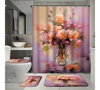 FYFMUSHE Set da bagno moderno con bouquet di rose da 4 pezzi con tenda da bagno e tappeti, set di tende da doccia romantiche con fiori naturali con tappeto, tappetino da bagno, tappetino da pavimento