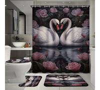FYFMUSHE Set da bagno vintage con cigno country 4 pezzi con tenda da bagno e tappeti, romantico floreale stagno amore animale vasca da bagno tenda doccia set con tappeto, tappetino da bagno, tappetino