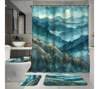 FYFMUSHE Set di 4 pezzi Acquerello Misty Forest Bagno con Tenda da Bagno E Tappeti, Vintage Mountain Paesaggio Vasca Da Bagno Tenda Doccia Set con Tappeto, Tappetino Da Bagno, Tappetino A Forma di U