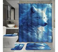 FYFMUSHE Set di 4 pezzi con tenda da bagno astratta lupo con tenda da bagno e tappeti, bianco natura animale fantasia vasca da bagno tenda doccia set con tappeto, tappetino da bagno, tappetino a forma