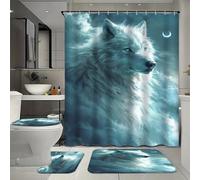 FYFMUSHE Set di 4 pezzi Luna Lupo Bagno con Tenda da Bagno E Tappeti, Nuvole Rustiche Notte Animali Bianchi Vasca Da Bagno Tenda Doccia Set con Tappeto, Tappetino Da Bagno, Tappetino A Forma