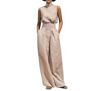 FYHTC Donna Minimalista Cotone e Lino Misto Senza Maniche Blusa e Pantaloni a Gamba Larga Set Lounge Lino 2 Pezzi per Donna Estate