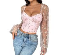 FYHTC Donna Ricamato Corsetto Crop Tops Mesh Maniche a Sbuffo Bustier Stringato Scollo Basso Ferretto Stecche Manica Lunga Top(Pink,Small)