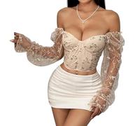 FYHTC Donna Ricamato Corsetto Crop Tops Mesh Maniche a Sbuffo Bustier Stringato Scollo Basso Ferretto Stecche Manica Lunga Top(Apricot,Small)