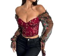 FYHTC Donna Ricamato Corsetto Crop Tops Mesh Maniche a Sbuffo Bustier Stringato Scollo Basso Ferretto Stecche Manica Lunga Top(Burgundy,Small)