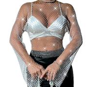 FYHTC Top Donna Strass Crop Top Rete Manica Lunga Cami Shirt Bikini Copricostume Catena per Il Corpo Rave Clubwear(White,Medium)