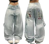 FYHTC Uomo Donna Y2K Street Hip Hop Pantalone con Stampa Denim con Grande Tasca Gotico Stampato Neutro Abbigliamento Vita Alta A Vita Alta Indumento(A,Large)