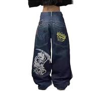 FYHTC Uomo Donna Y2K Street Hip Hop Pantalone con Stampa Denim con Grande Tasca Gotico Stampato Neutro Abbigliamento Vita Alta A Vita Alta Indumento(B,X-Large)