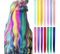 FYHTSD 14PCS Rainbow Hair Accessories Clip in/on Multicolor Party Highlights Straight Colored Extensions for Girls and Teens Costumes Wig Pieces for Women Colorful Hairpieces
