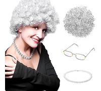 Fyihoxi 3 Pezzi Parrucca Grigia Donna, Costume Nonna, Accessori Vecchia Signora, Set Cosplay per Costume da Vecchia Nonna Parrucca Occhial Cinturino Occhiali Gioielli di Perle