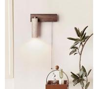 FYMLP Nordic Retro Wood Wall Sconces 3000K Warm Light Wall Lamps Japanese Style Yellow Travertine Wall Light with Pull Rope Switch for Bedroom Reading Study Bedside(Walnut,Left)