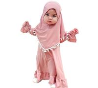 FYMNSI Abaya, abito da preghiera, vestito musulmano, maxi abito con hijab neonato, abito da preghiera islamico, Ramadan, Kaftan, Dubai, tinta unita, due pezzi, Colore: rosa., 2-3 Anni