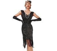 FYMNSI Abito da donna anni '20, con scollo a V, con frange, con flapper Charleston, abito da cocktail e feste, anni '20, Nero , XS