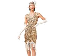 FYMNSI Abito da donna anni '20, con scollo a V, con frange, con flapper Charleston, abito da cocktail e feste, anni '20, gold, XL