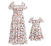FYMNSI Abito da mamma e figlia, maxi abito da partner, per mamma e me, estivo, lungo, per la spiaggia, per il tempo libero, Fiori bianchi., S
