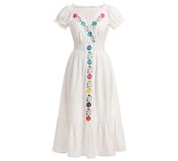 FYMNSI Abito messicano da donna, con scollo a V, a maniche corte, lungo da sera, con ricamo, maxi abito da spiaggia, per il tempo libero, per feste, cocktail, elegante abito estivo, bianco, M
