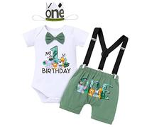 FYMNSI Baby Boy Jungle Safari tema 1°/2° compleanno torta smash vestito cotone papillon pagliaccetto t-shirt bretelle pantaloncini copricapo 4 pezzi/3 pezzi set, Fagiolo verde animale, 6-12 Mesi