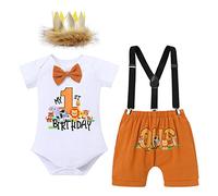 FYMNSI Baby Boy Jungle Safari tema 1°/2° compleanno torta smash vestito cotone papillon pagliaccetto t-shirt bretelle pantaloncini copricapo 4 pezzi/3 pezzi set, Marrone Animale, 18 mesi