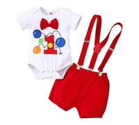 FYMNSI Baby Boy Primo Compleanno Vestito Dinosauro Stampa Cotone Papillon Manica Corta Body Y Back Bretelle Pantaloncini Abbigliamento Fotografia Puntelli Festa Abbigliamento, Clown rosso, 12-18 Mesi