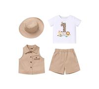 FYMNSI Baby Boys Jungle Safari 1° compleanno Cake Smash Outfit per bambini bambini zookeeper vestito manica corta t-shirt gilet pantaloncini con cappello 4 pezzi, cachi, 12-18 Months