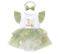 FYMNSI Baby Girl 1st Birthday Cake Smash Outfit Principessa Tulle Tutu pagliaccetto vestito con fiocco fascia Set, Verde salvia, 9-12 Months