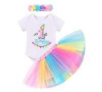 FYMNSI Baby Girl Toddler Kids My 1st 2nd 3rd Birthday Party Cake Smash Outfit pagliaccetto tutù gonna fascia set 3 pezzi, Arcobaleno 1° compleanno, 12 mesi