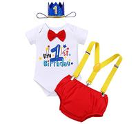 FYMNSI Body a maniche corte per il primo compleanno, in cotone, con bretelle, pantaloncini e fascia per capelli, set da 4 pezzi, Rosso - 1° compleanno, 12 mesi