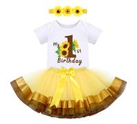 FYMNSI Body tutù gonna tutù per il primo compleanno da ragazza, in cotone, 3 pezzi, girasole., 12 mesi