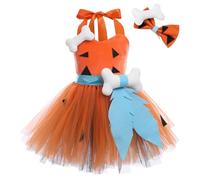 FYMNSI Costume da cavernicolo per bambine, costume da cavernicola per bambini, con flintstones per feste di Halloween, cosplay, storico spettacolo, tutù, tulle, osso, fermagli per capelli, arancione