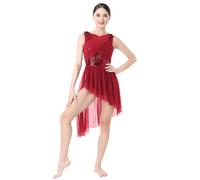 FYMNSI Costume da danza lirica da donna moderno Contemporary Abito da ballo senza maniche Abito da balletto con paillettes asimmetriche Abito in tulle, rosso scuro, M
