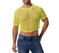 FYMNSI Maglia da pesca da uomo, sexy, in rete, trasparente, a maniche corte, a rete, verde fluo, S