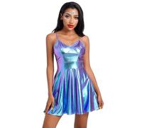 FYMNSI Mini abito da donna metallizzato, con spalline, senza maniche, con brillantini, effetto bagnato, per feste, skater, Blu laser, L