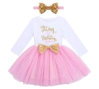 FYMNSI Neonata Bambina È Il Mio 1 ° Primo Compleanno Abiti O-Collo Manica Lunga Abito da Principessa in Tulle con tutù Bowknot Fascia 2 Pezzi Festa di Un Anno Fotografia Set Rosa 1 Anno